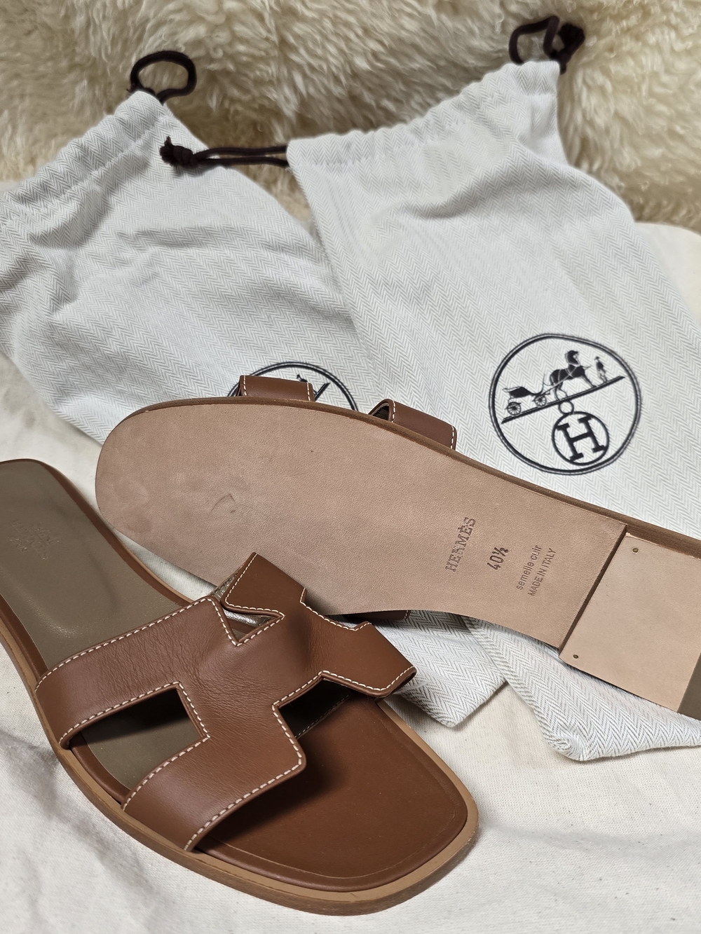 Authentic Hermès Oran Sandals Gold Calfskin Leather - Size 40.5